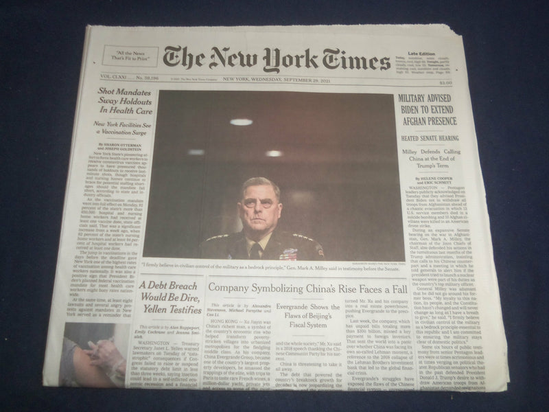 2021 SEP 29 NEW YORK TIMES - MILITARY ADVISED BIDEN TO EXTEND AFGHAN PRESENCE