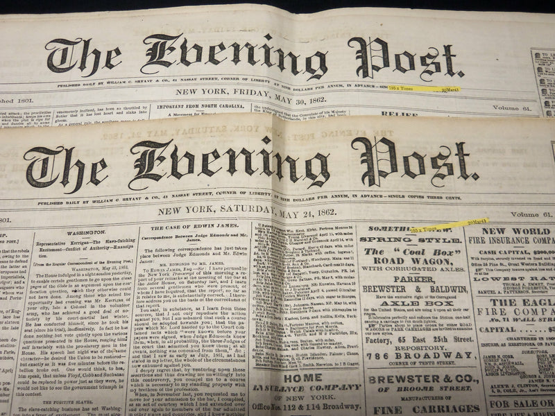 1862 MAY 24 & 30 THE EVENING POST NEWSPAPER LOT OF 2 - CIVIL WAR - NP 4942