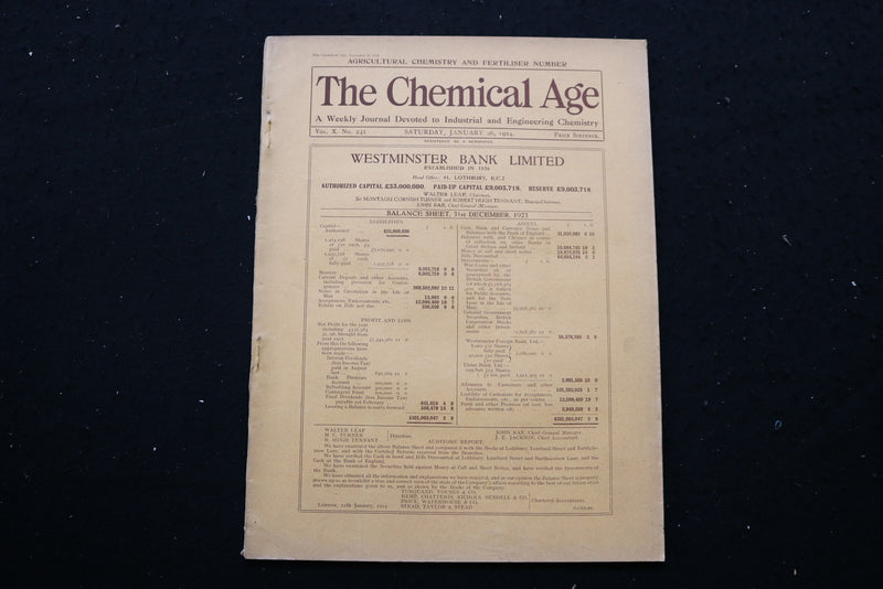 1924 JAN 26 THE CHEMICAL AGE MAGAZINE - WESTMINSTER BANK LTD COVER - SP 4190H