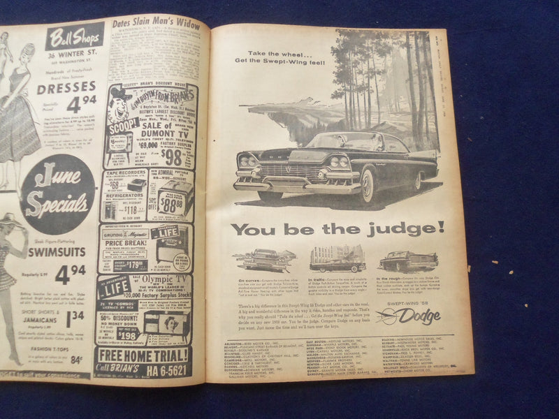 1958 JUNE 13 BOSTON RECORD AMERICAN NEWSPAPER-ADAMS ADMITS HELP GOLDFINE-NP 6272