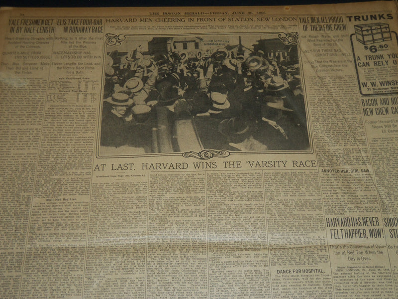 1906 JUNE 29 THE BOSTON HERALD -HARVARD EIGHT BEATS YALE IN CLOSEST RACE- BH 287