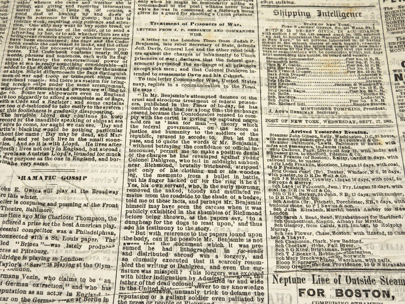 1865 SEPTEMBER 27 THE EVENING POST NEWSPAPER - WIRZ - PRIZE FIGHT - NP 4957