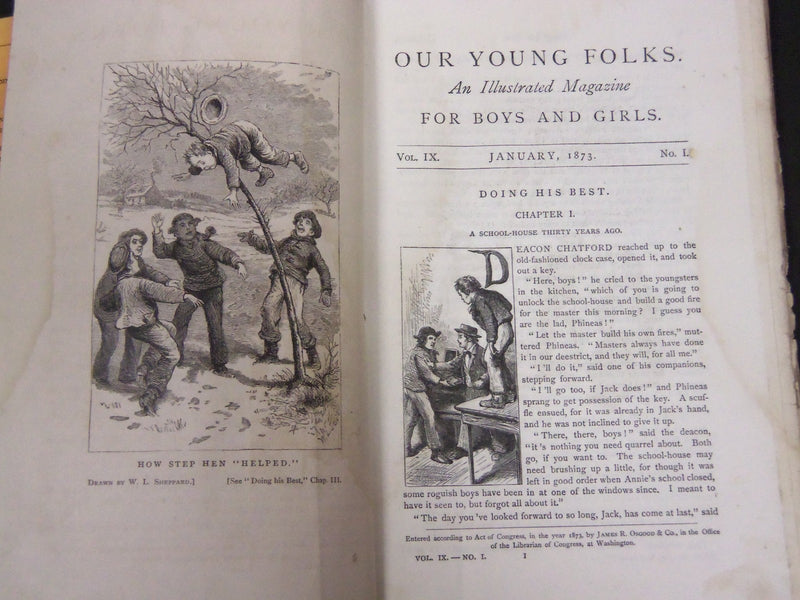 1873 OUR YOUNG FOLKS ILLUSTRATED MAGAZINE LOT OF 12 - GREAT STORIES - WR 105P