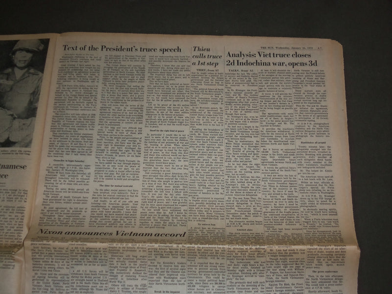 1973 JANUARY 24 THE BALTIMORE SUN - VIETNAM WAR SETTLED - CEASE FIRE - NP 2950