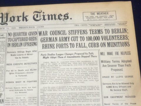 1919 MARCH 11 NEW YORK TIMES - WAR COUNCIL STIFFENS TERMS TO BERLIN - NT 9271