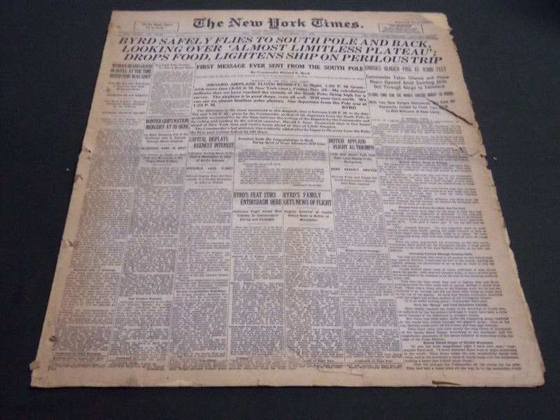1929 NOV 30 NEW YORK TIMES - BYRD SAFELY FLIES TO SOUTH POLE & BACK - NT 6909