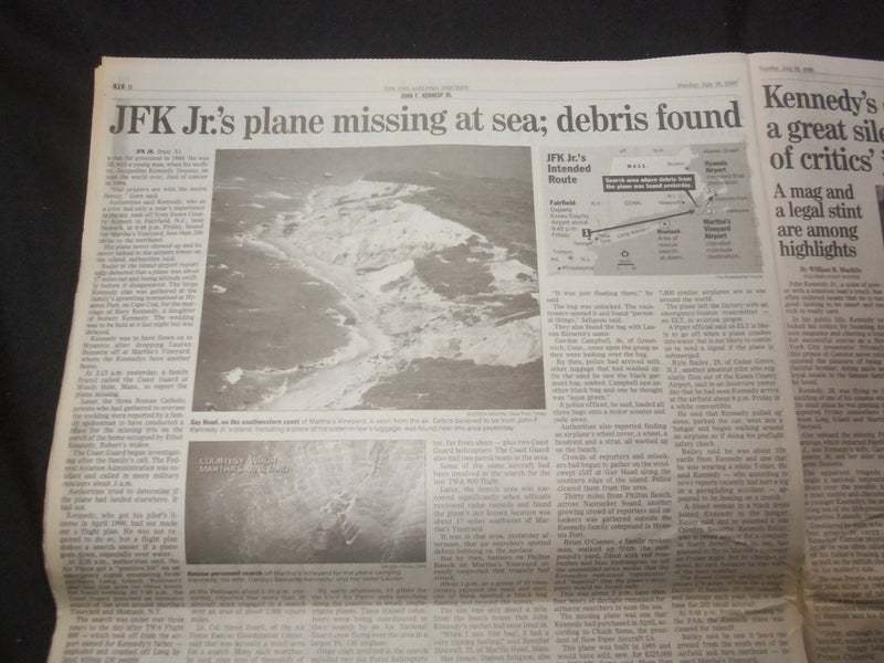 1999 JULY 18 PHILADELPHIA INQUIRER - LOST AT SEA: JFK JR. AND WIFE - NP 7459