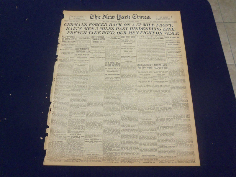 1918 AUGUST 28 NEW YORK TIMES - GERMANS FORCED BACK, FRENCH TAKE ROYE - NT 9198