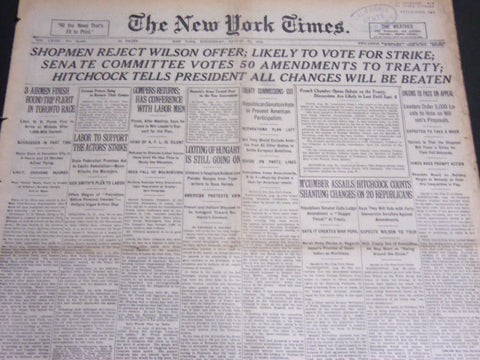 1919 AUGUST 27 NEW YORK TIMES - SHOPMEN REJECT WILSON OFFER - NT 6963