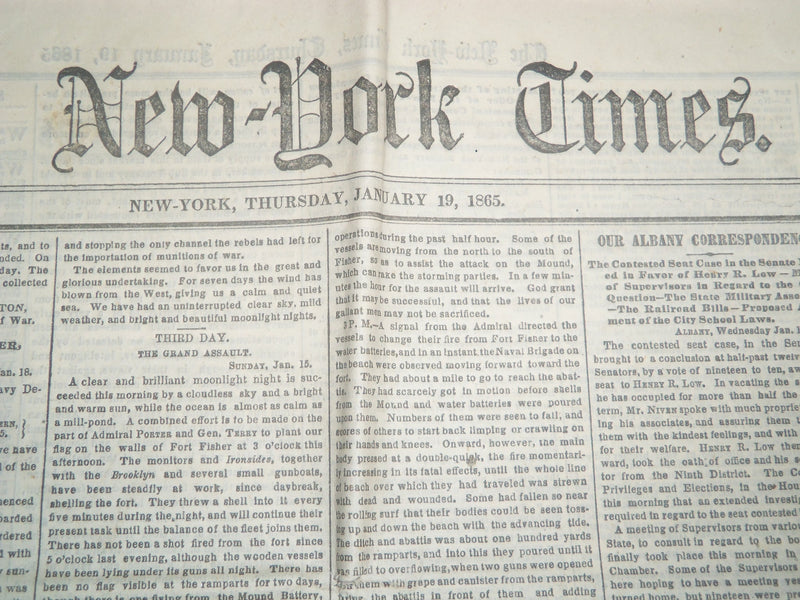 1865 JANUARY 19 NEW YORK TIMES NEWSPAPER - FORT FISHER CAPTURED - NP 3986