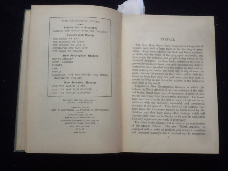 1931 CARPENTER'S NEW GEOGRAPHICAL READER-NORTH AMERICA- HARDCOVER BOOK - KD 8460
