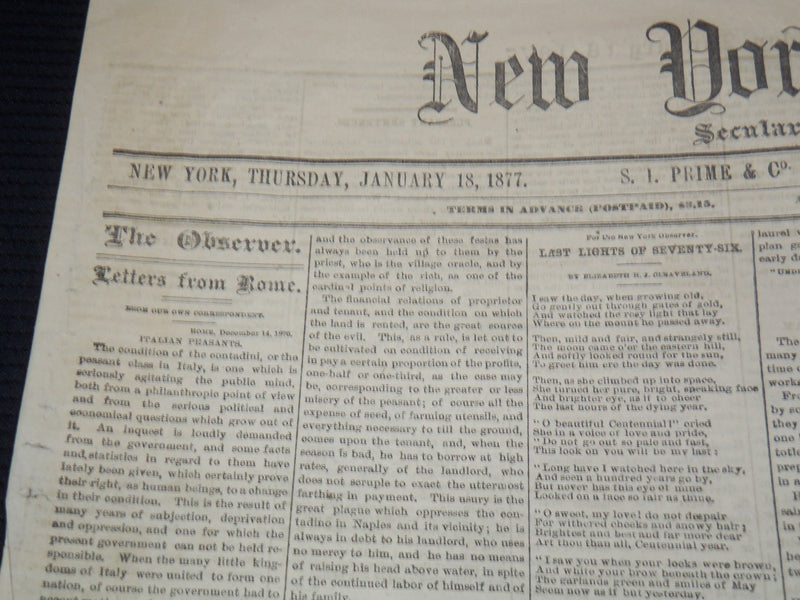 1877 JANUARY 18 NEW YORK OBSERVER NEWSPAPER - A THROUGH TRAIN - NP 8979
