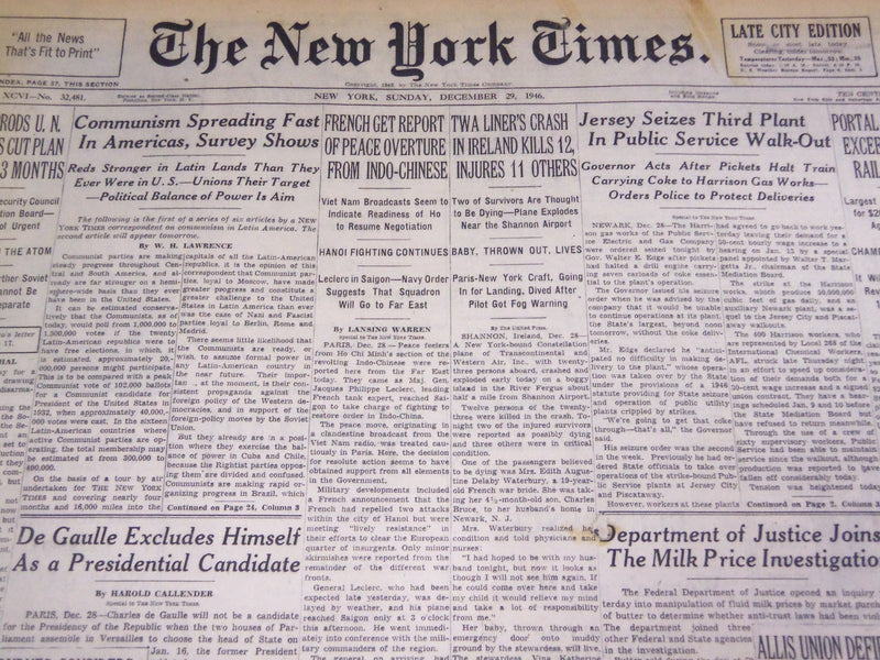 1946 DEC 29 NEW YORK TIMES - TWA LINER CRASH IN IRELAND KILLS 12 - NT 2239