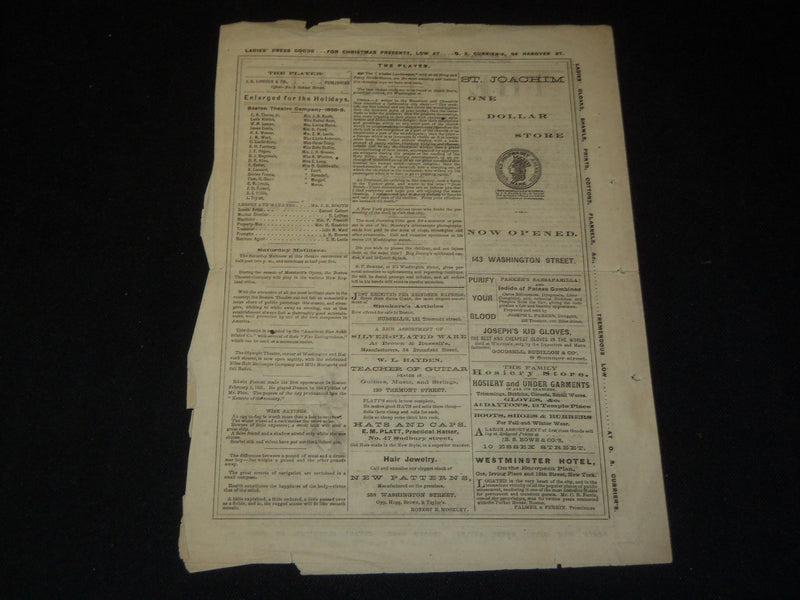 1869 JANUARY 2 BOSTON THEATRE ANNOUNCEMENT - SCALP HUNTERS - DAVENPORT - J 5393