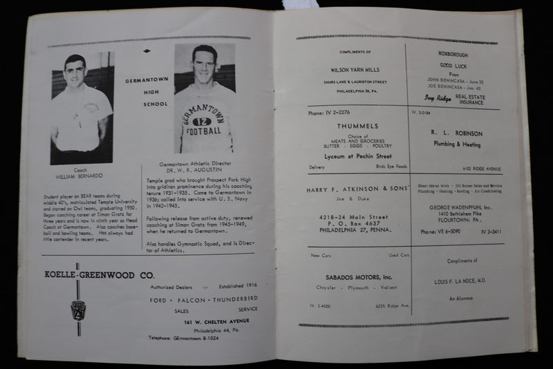 1962 NOVEMBER 22 ROXBOROUGH H.S. VS. GERMANTOWN H.S. PROGRAM - K 2852