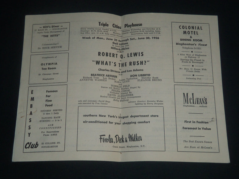 1956 JUNE 30 WHAT'S THE RUSH PROGRAM - ROBERT Q. LEWIS - BEA ARTHUR - J 4231