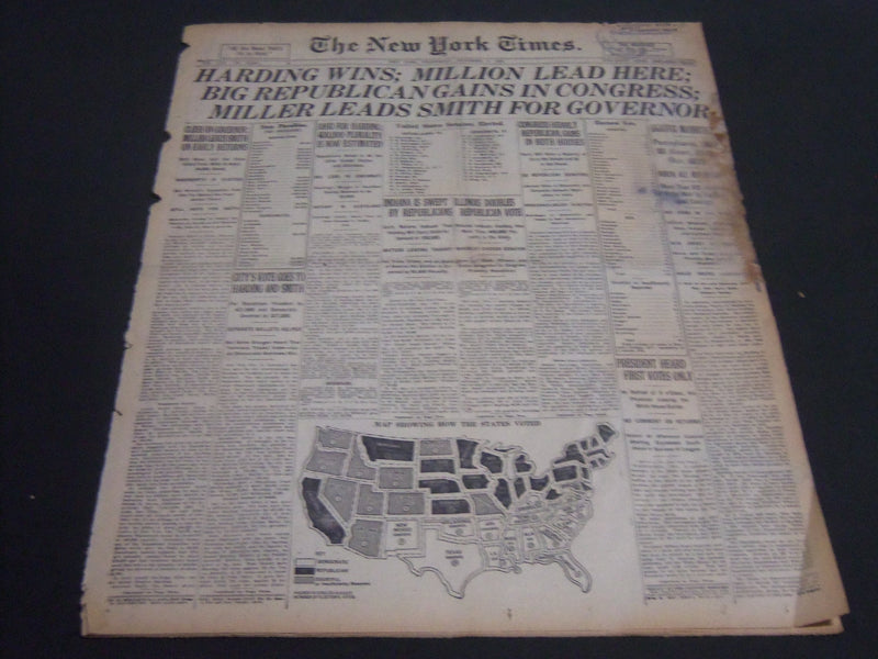 1920 NOVEMBER 3 NEW YORK TIMES - HARDING WINS MILLION LEAD HERE - NT 7115