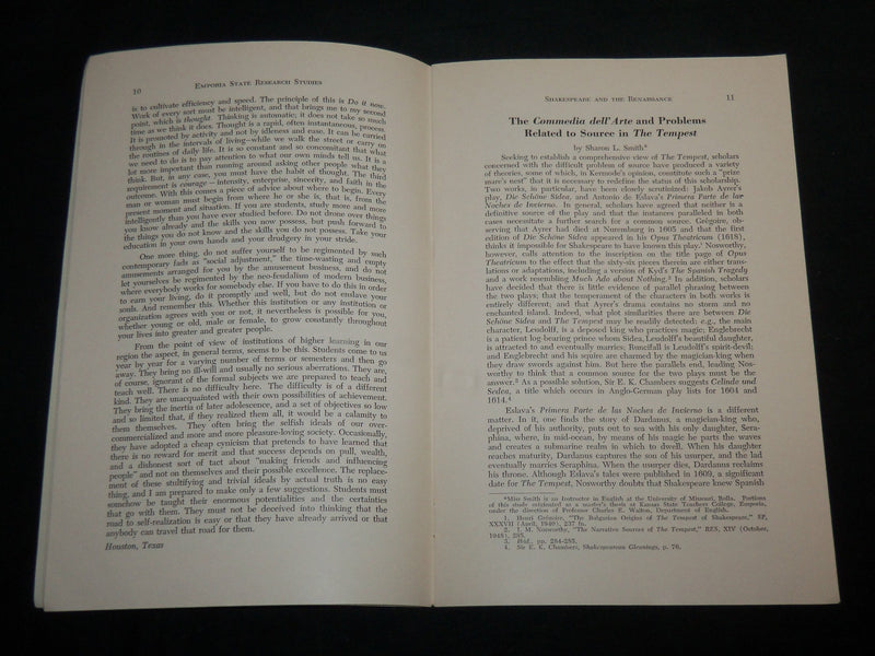 1964 SEPTEMBER SHAKESPEARE AND THE RENAISSANCE BOOK - EMPORIA STATE - J 6816