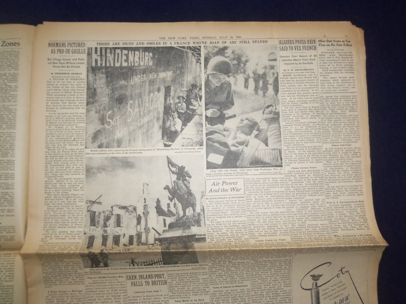 1944 JULY 10 NEW YORK TIMES-BRITISH CAPTURE CAEN, AMERICANS WIN LA HAYE- NP 6588