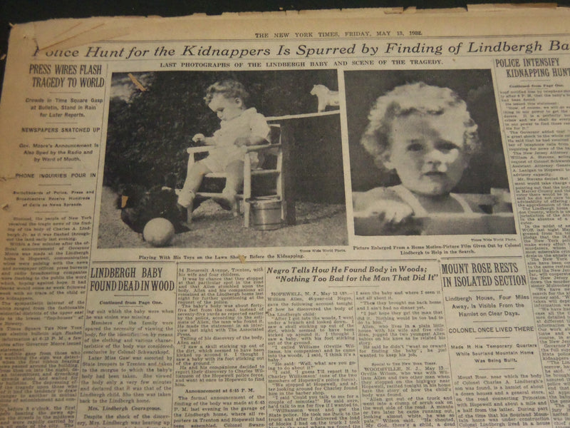 1932 MAY 13 NEW YORK TIMES - LINDBERGH BABY FOUND DEAD NEAR HOME - NT 6184