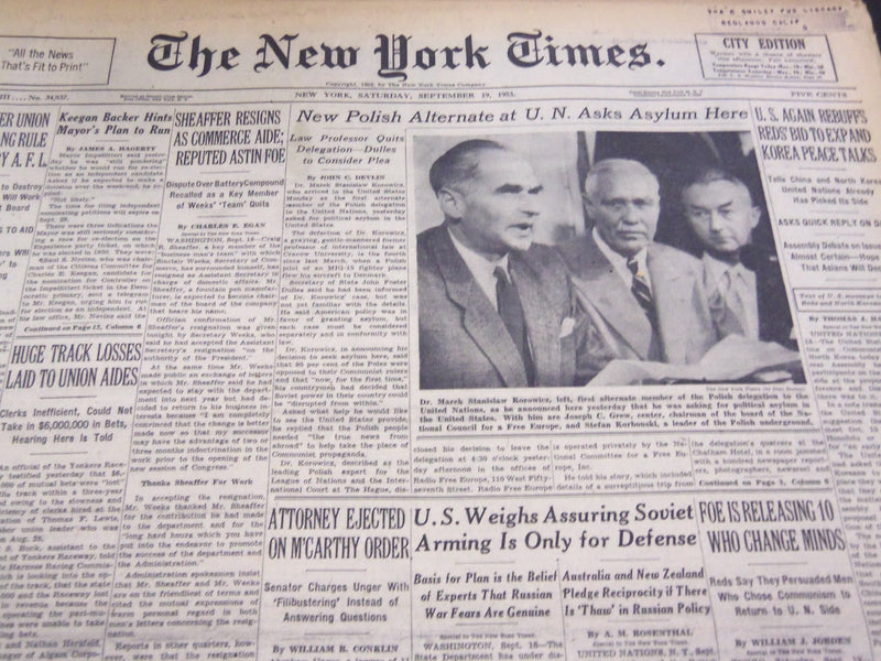 1953 SEPTEMBER 19 NEW YORK TIMES - ATTORNEY EJECTED ON M'CARTHY ORDER - NT 4611