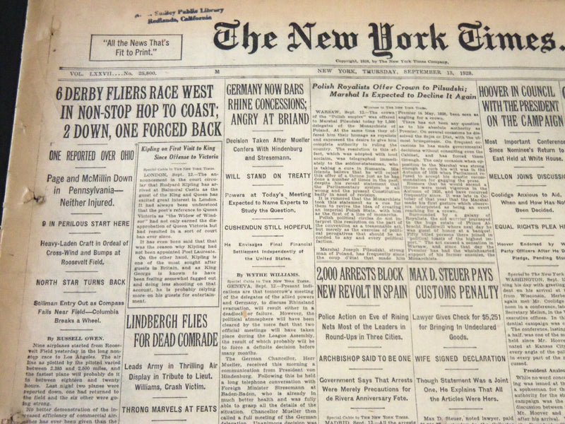 1928 SEPT 13 NEW YORK TIMES - 6 DERBY FLIERS RACE WEST IN HOP TO COAST - NT 6443