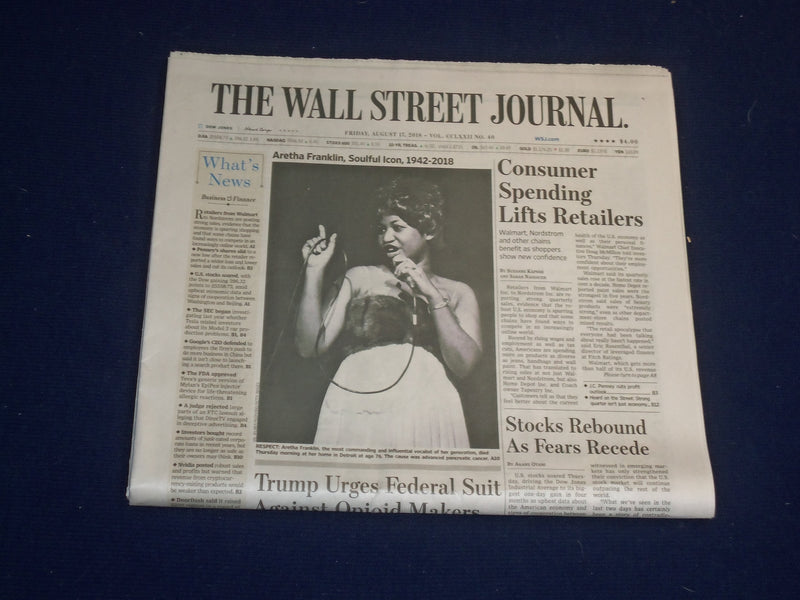 2018 AUGUST 17 WALL STREET JOURNAL NEWSPAPER - ARETHA FRANKLIN DIED - 1942-2018