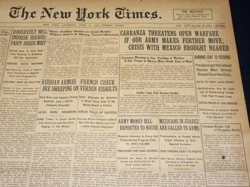 1916 JUNE 17 NEW YORK TIMES - CARRANZA THREATENS OPEN WARFARE - NT 8616