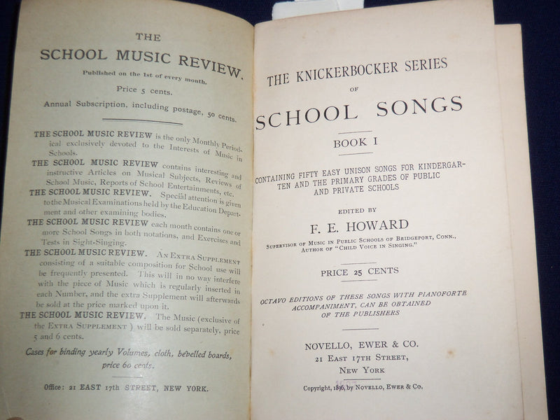 1896 THE KNICKERBOCKER SERIES OF SCHOOL SONGS BOOK 1 BY F. E. HOWARD - K 518