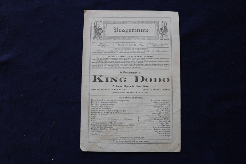 1902 FEBRUARY 24 KING DODO PROGRAMME - RAYMOND HITCHCOCK - K 1693