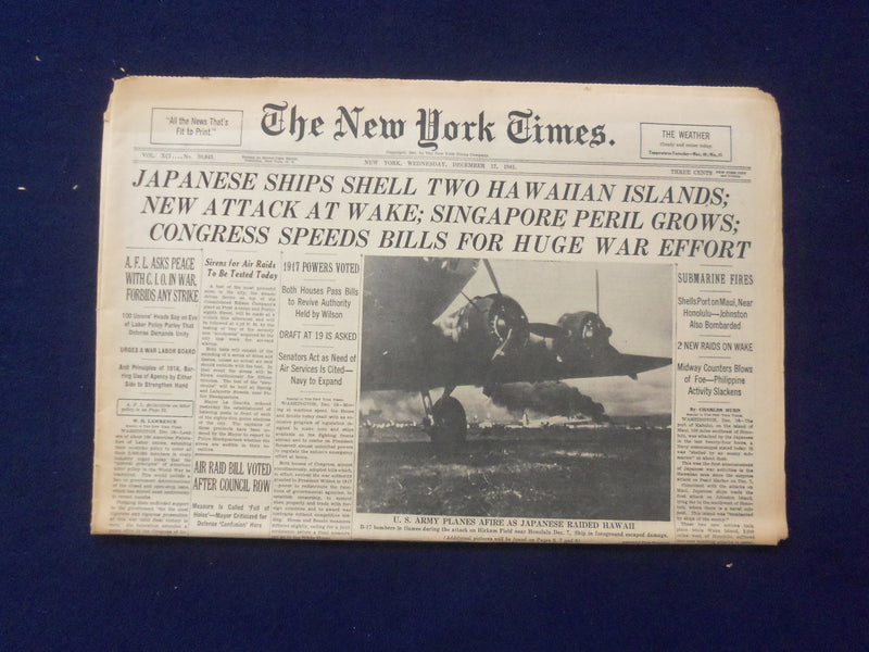 1941 DEC 17 NEW YORK TIMES- JAPANESE SHIPS SHELL TWO HAWAIIAN ISLANDS - NP 6482