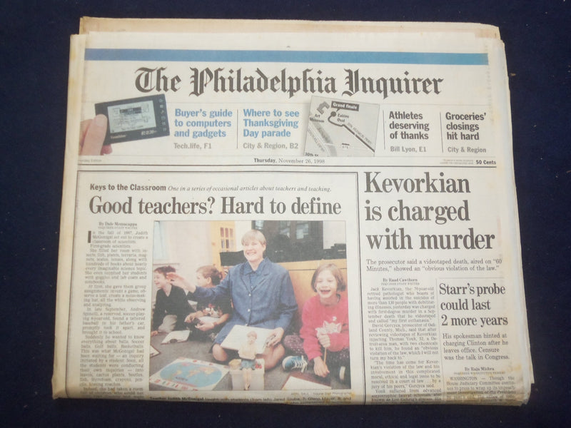 1998 NOV 26 PHILADELPHIA INQUIRER - KEVORKIAN IS CHARGED WITH MURDER - NP 7177