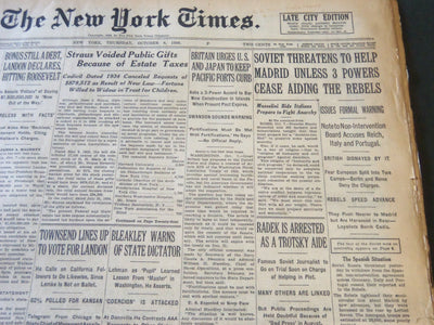 1936 OCTOBER 8 NEW YORK TIMES - SOVIET THREATENS TO HELP MADRID - NT 6692