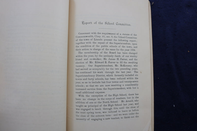 1894-1895 TOWN OF LINCOLN OFFICERS & SCHOOL COMMITTEE REPORT SOFTCOVER - K 794