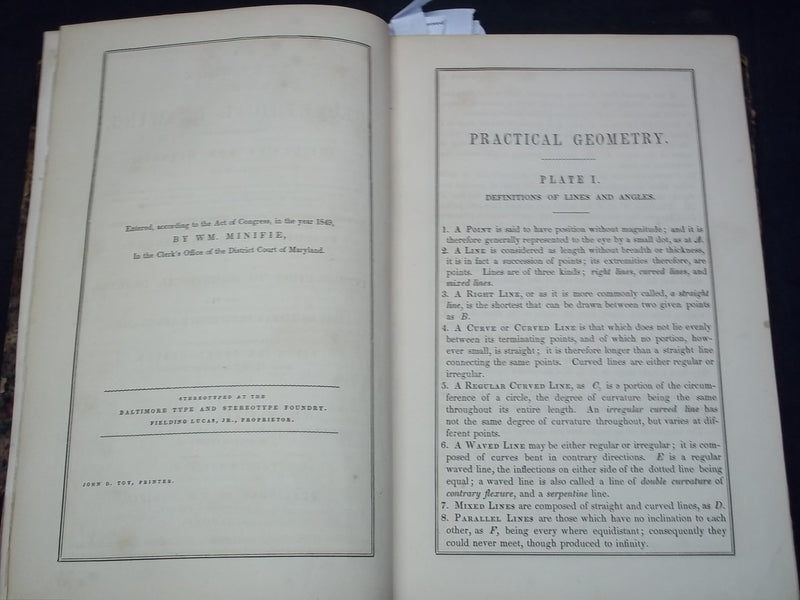 1852 GEOMETRICAL DRAWING FOR MECHANICS AND SCHOOLS BOOK BY MINIFIE - KD 2757O