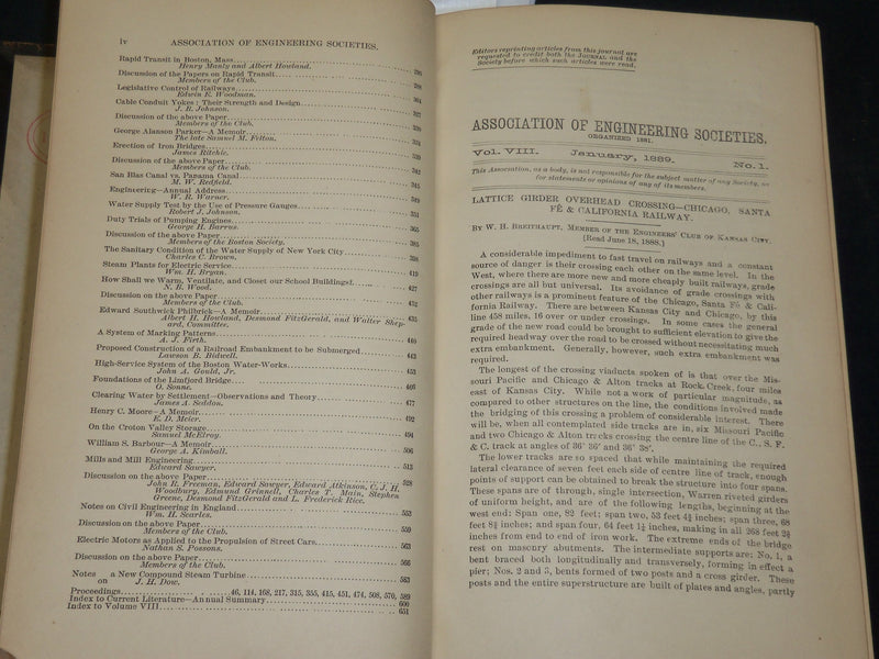 1889 ASSOCIATION OF ENGINEERING SOCIETIES JOURNAL BOUND VOLUME NO. 8 - KD 5931