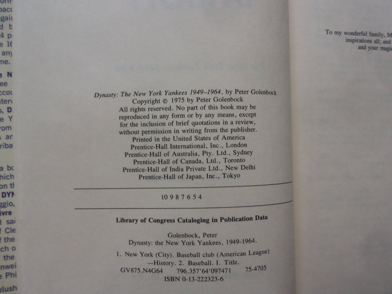 1975 DYNASTY NY YANKEES HARDCOVER BOOK - INSCRIBED BY PETER GOLENBOCK - KD 8537