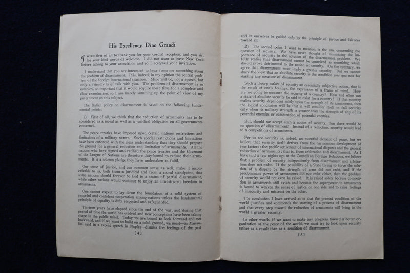 1931 NOV 26 ADDRESS BY HIS EXCELLENCY DINO GRANDI - SOFTCOVER BOOKLET - K 1549
