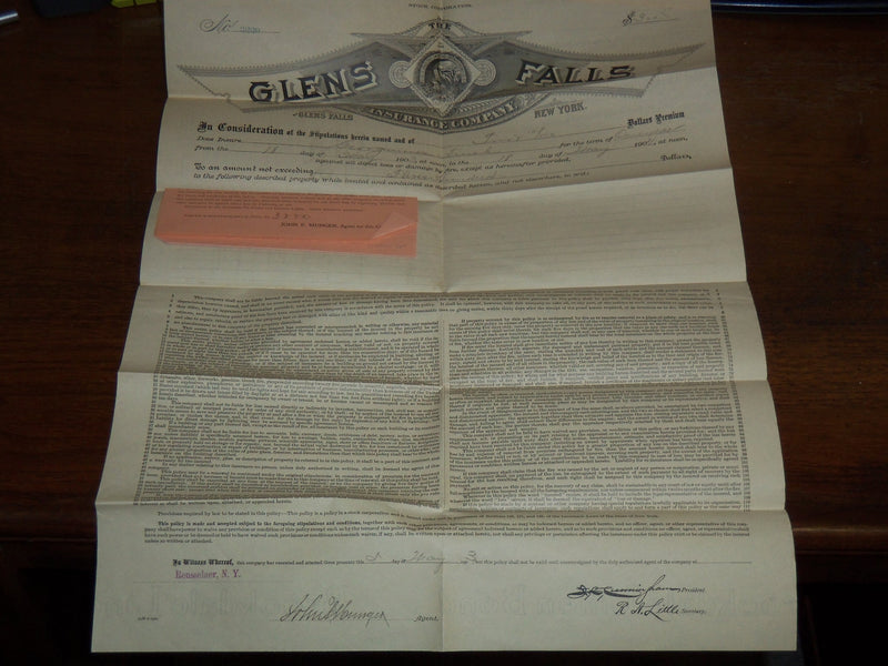 1904 GLENS FALLS INSURANCE POLICY - NEW YORK - K 1104