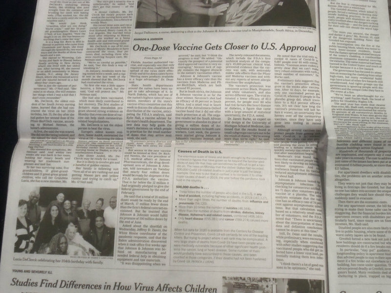 2021 FEBRUARY 25 NEW YORK TIMES - ONE-DOSE VACCINE GETS STEP CLOSER TO APPROVAL