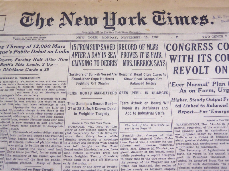 1937 NOV 15 NEW YORK TIMES - 15 FROM SHIP SAVED AFTER DAY IN SEA - NT 467