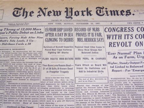 1937 NOV 15 NEW YORK TIMES - 15 FROM SHIP SAVED AFTER DAY IN SEA - NT 467