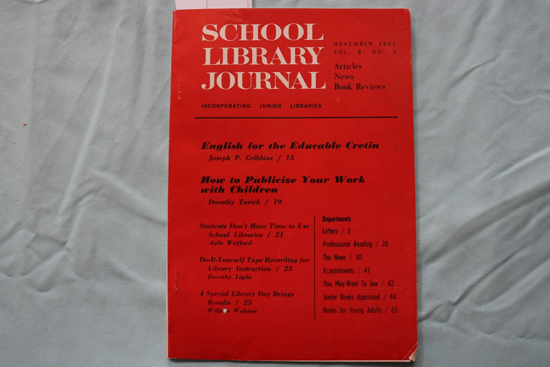 1961 NOVEMBER SCHOOL OF LIBRARY JOURNAL - SOFTCOVER BOOK - K 3255