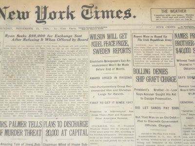 1920 NOVEMBER 21 NEW YORK TIMES - WILSON WILL GET NOBEL PEACE PRIZE - NT 8465