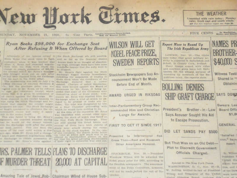 1920 NOVEMBER 21 NEW YORK TIMES - WILSON WILL GET NOBEL PEACE PRIZE - NT 8465