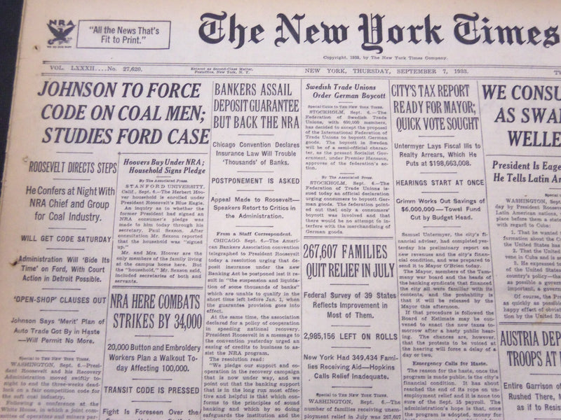1933 SEPTEMBER 7 NEW YORK TIMES - JOHNSON TO FORCE CODE ON COAL MEN - NT 5270