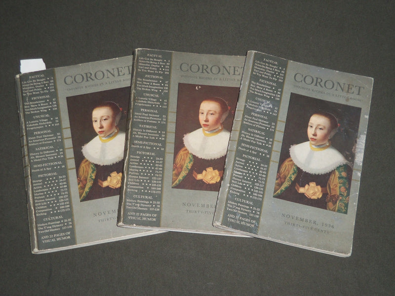 1936 NOVEMBER CORONET MAGAZINE VOLUME 1 NO. 1 LOT OF 3 - J 2498