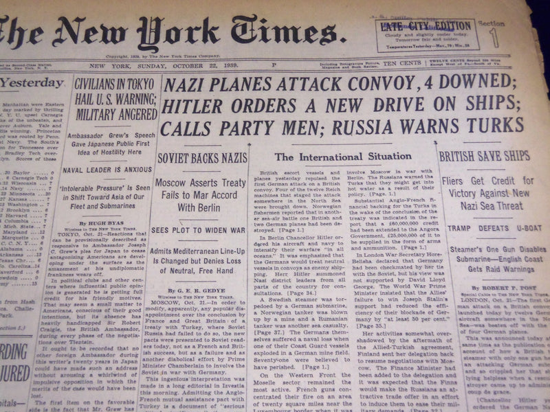 1939 OCT 22 NEW YORK TIMES - NAZI PLANES ATTACK CONVOY, 4 DOWNED - NT 609