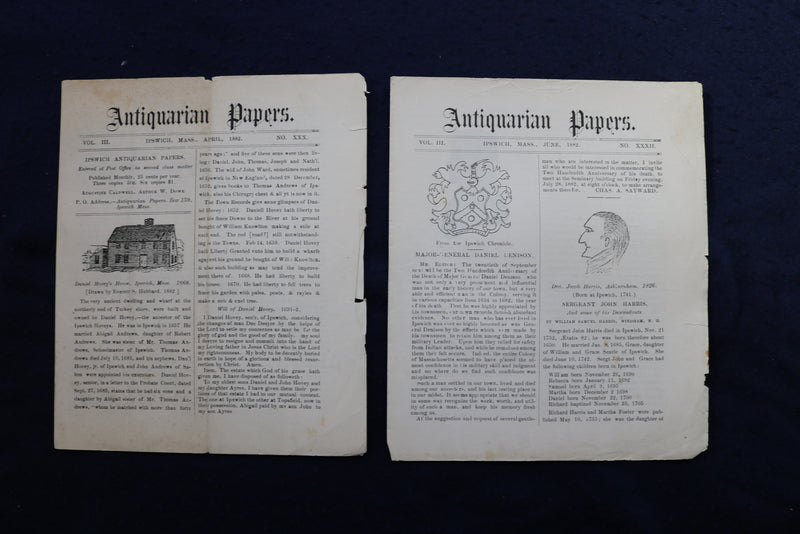 1879-1885 ANTIQUARIAN PAPERS - IPSWICH, MASSACHUSETTS - LOT OF 34 - K 780