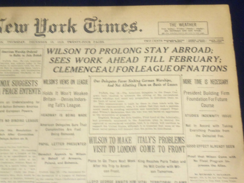 1918 DECEMBER 19 NEW YORK TIMES - WILSON TO PROLONG STAY ABROAD - NT 9182